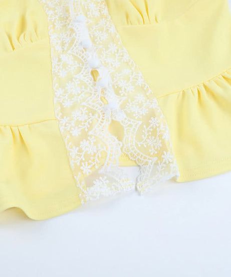 Autumn Charm Dainty Yellow Lace Peplum Tank Top - Flattering V-Neck Button Front
