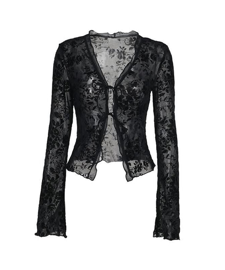 Velvet Floral Sheer Tie-Front Crop Top - Fall Night Out & Halloween Chic