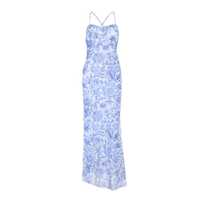 Serene Blue Floral Cross-Back Cami Maxi Dress – Effortless Chic for Resort & Timeless Style