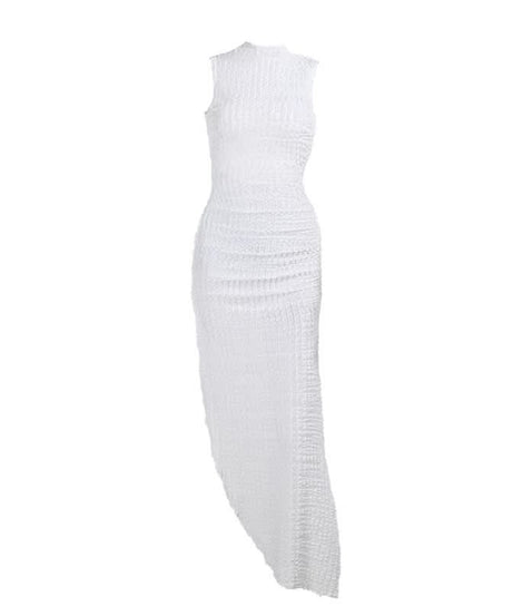 Chic White Ruched Asymmetrical Midi Dress | Sleeveless Mock Neck Bodycon