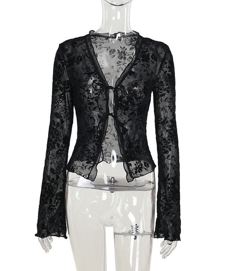 Velvet Floral Sheer Tie-Front Crop Top - Fall Night Out & Halloween Chic