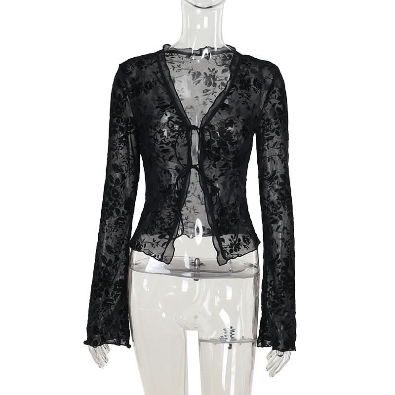 Velvet Floral Sheer Tie-Front Crop Top - Fall Night Out & Halloween Chic