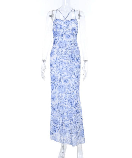 Serene Blue Floral Cross-Back Cami Maxi Dress – Effortless Chic for Resort & Timeless Style
