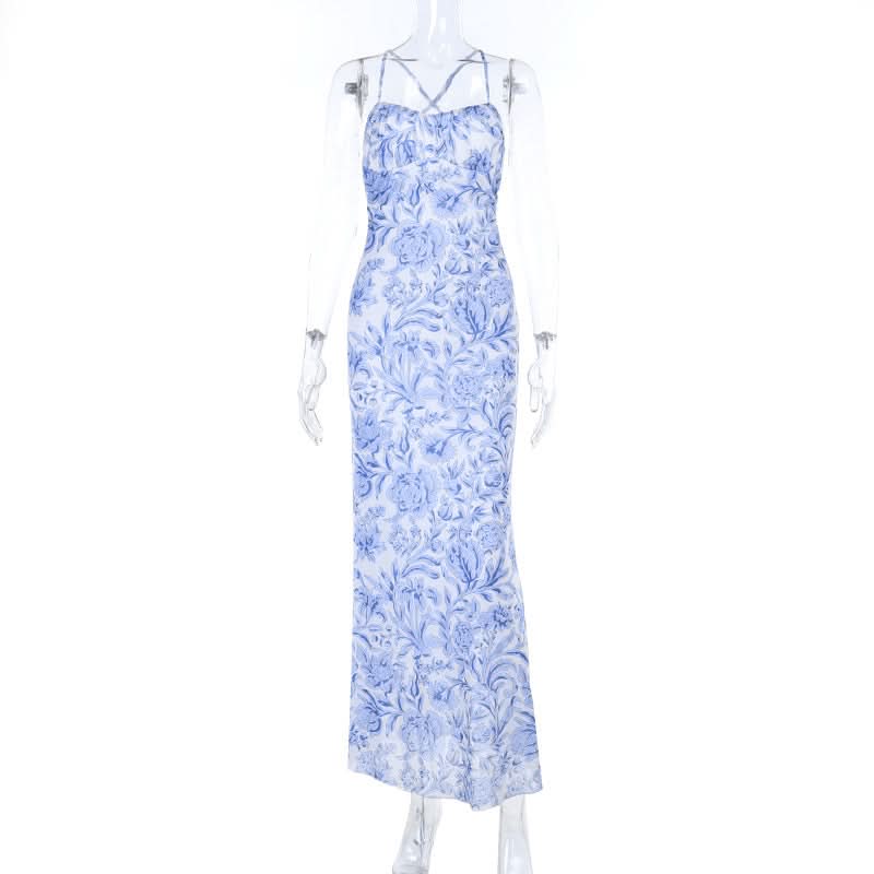 Serene Blue Floral Cross-Back Cami Maxi Dress – Effortless Chic for Resort & Timeless Style
