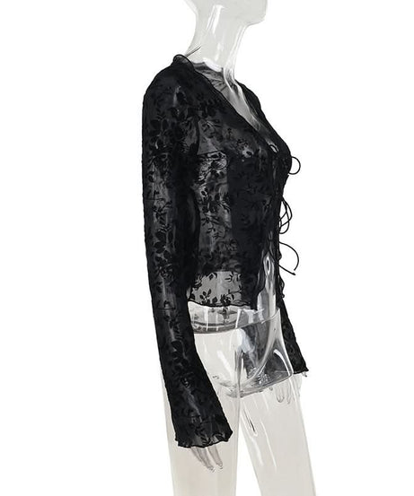 Velvet Floral Sheer Tie-Front Crop Top - Fall Night Out & Halloween Chic