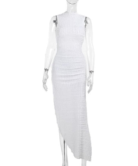Chic White Ruched Asymmetrical Midi Dress | Sleeveless Mock Neck Bodycon