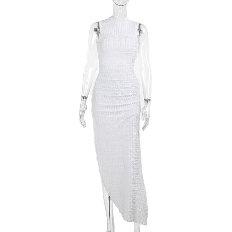 Chic White Ruched Asymmetrical Midi Dress | Sleeveless Mock Neck Bodycon