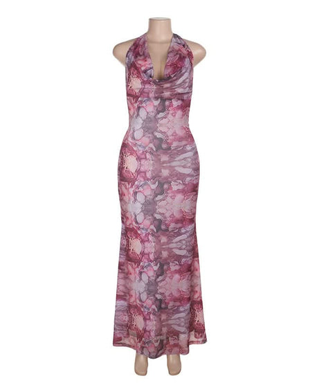 Effortless Elegance: Halter Cowl Neck Marbled Mesh Maxi Dress - Your Go-To for Fall Events & Chic Getaways