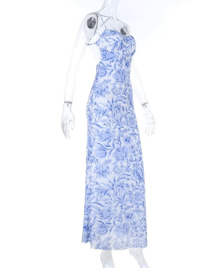 Serene Blue Floral Cross-Back Cami Maxi Dress – Effortless Chic for Resort & Timeless Style