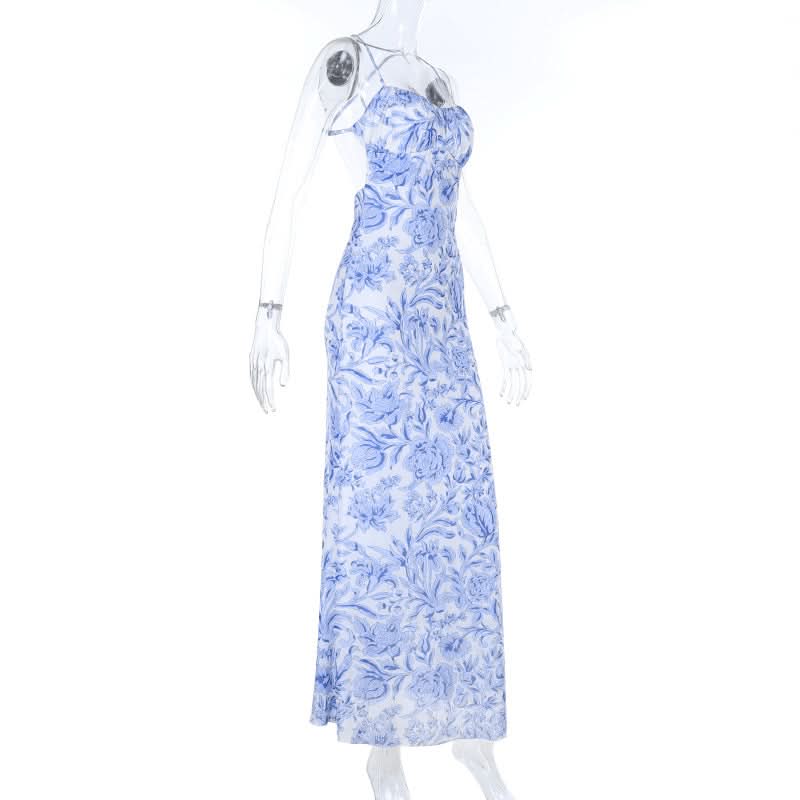 Serene Blue Floral Cross-Back Cami Maxi Dress – Effortless Chic for Resort & Timeless Style