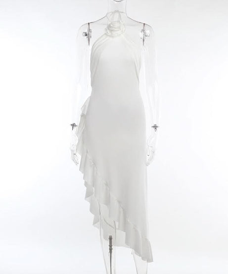 Effortless White Halter Ruffle Midi Dress - Chic Asymmetrical Design for Resort & Special Occasions
