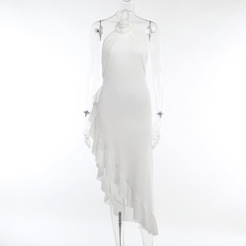Effortless White Halter Ruffle Midi Dress - Chic Asymmetrical Design for Resort & Special Occasions