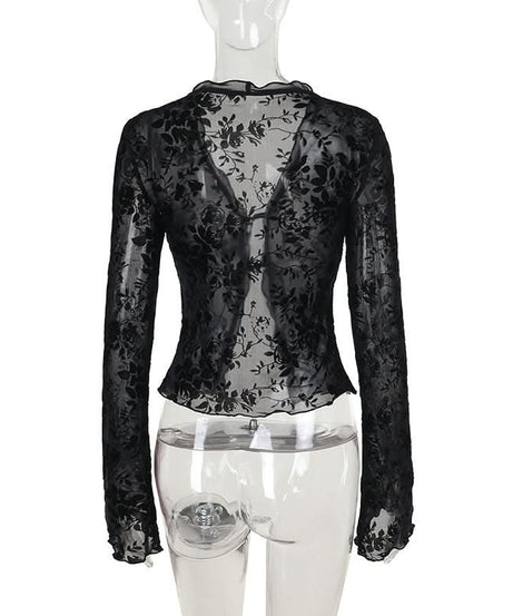 Velvet Floral Sheer Tie-Front Crop Top - Fall Night Out & Halloween Chic