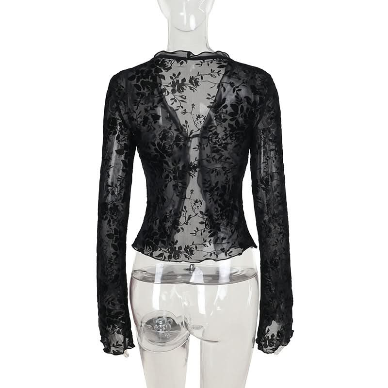 Velvet Floral Sheer Tie-Front Crop Top - Fall Night Out & Halloween Chic