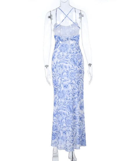 Serene Blue Floral Cross-Back Cami Maxi Dress – Effortless Chic for Resort & Timeless Style
