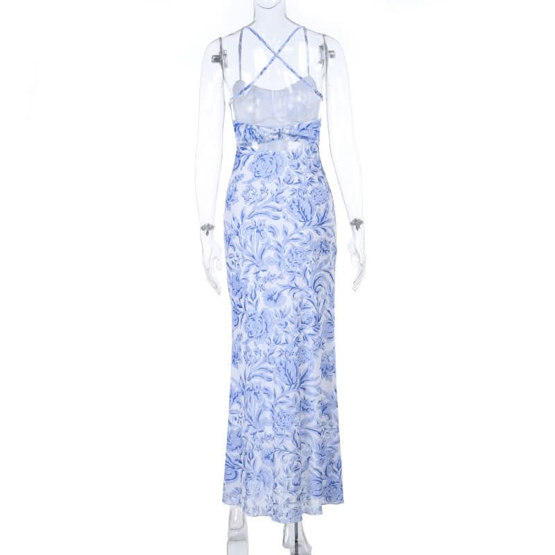 Serene Blue Floral Cross-Back Cami Maxi Dress – Effortless Chic for Resort & Timeless Style