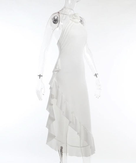 Effortless White Halter Ruffle Midi Dress - Chic Asymmetrical Design for Resort & Special Occasions