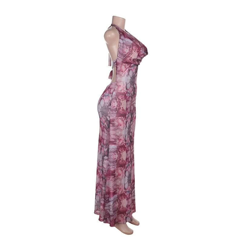 Effortless Elegance: Halter Cowl Neck Marbled Mesh Maxi Dress - Your Go-To for Fall Events & Chic Getaways