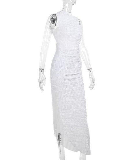Chic White Ruched Asymmetrical Midi Dress | Sleeveless Mock Neck Bodycon