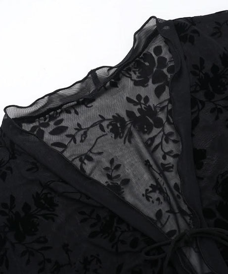 Velvet Floral Sheer Tie-Front Crop Top - Fall Night Out & Halloween Chic