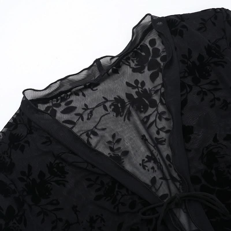 Velvet Floral Sheer Tie-Front Crop Top - Fall Night Out & Halloween Chic