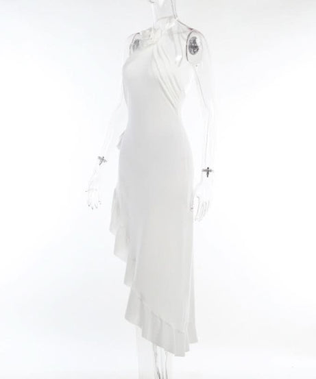 Effortless White Halter Ruffle Midi Dress - Chic Asymmetrical Design for Resort & Special Occasions