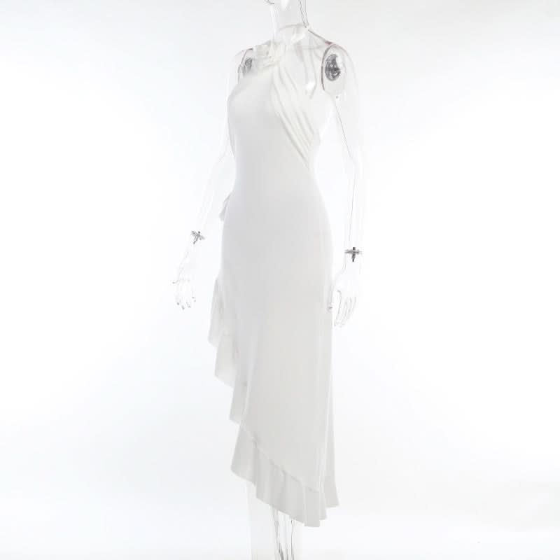 Effortless White Halter Ruffle Midi Dress - Chic Asymmetrical Design for Resort & Special Occasions