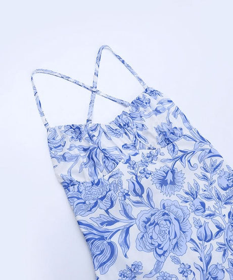 Serene Blue Floral Cross-Back Cami Maxi Dress – Effortless Chic for Resort & Timeless Style