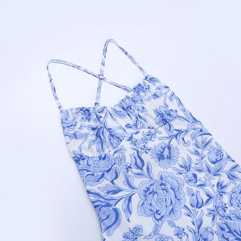Serene Blue Floral Cross-Back Cami Maxi Dress – Effortless Chic for Resort & Timeless Style