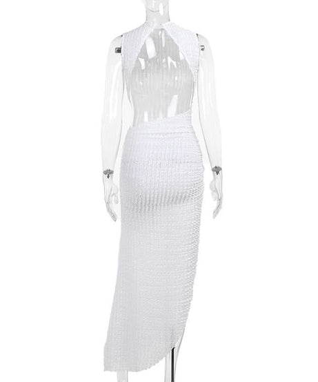 Chic White Ruched Asymmetrical Midi Dress | Sleeveless Mock Neck Bodycon