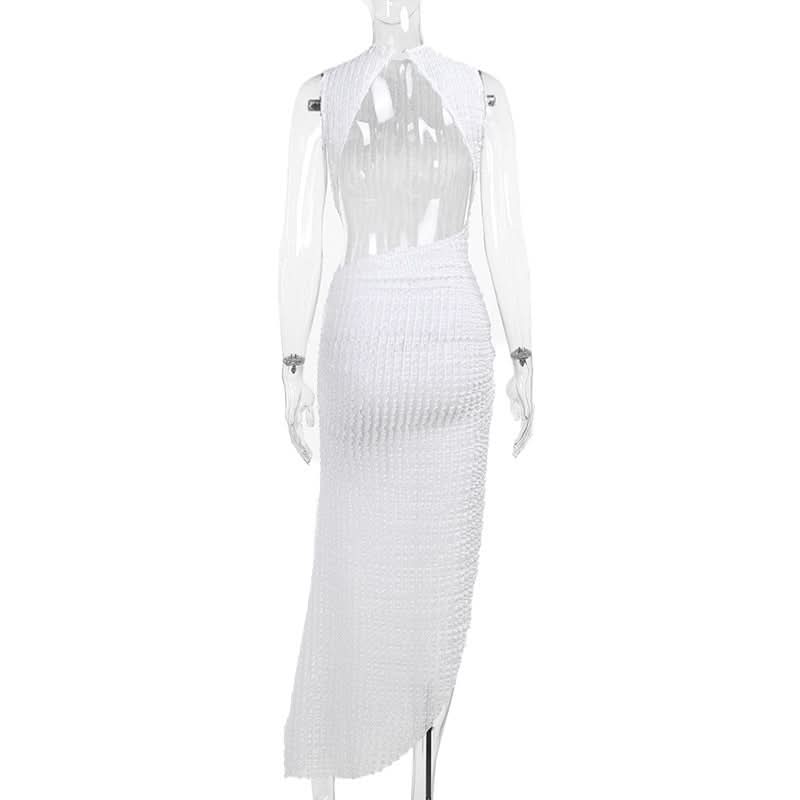 Chic White Ruched Asymmetrical Midi Dress | Sleeveless Mock Neck Bodycon