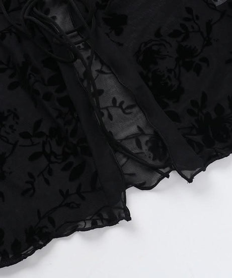 Velvet Floral Sheer Tie-Front Crop Top - Fall Night Out & Halloween Chic