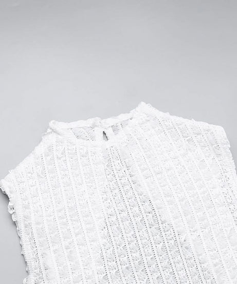 Chic White Ruched Asymmetrical Midi Dress | Sleeveless Mock Neck Bodycon