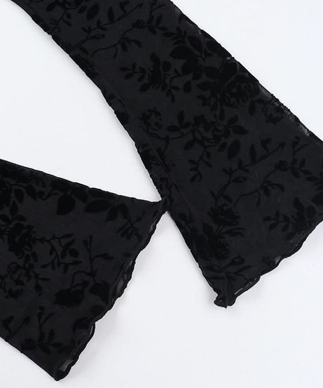 Velvet Floral Sheer Tie-Front Crop Top - Fall Night Out & Halloween Chic