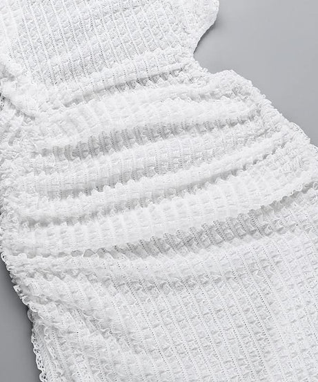 Chic White Ruched Asymmetrical Midi Dress | Sleeveless Mock Neck Bodycon