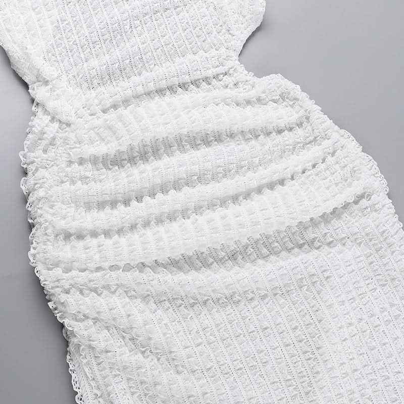 Chic White Ruched Asymmetrical Midi Dress | Sleeveless Mock Neck Bodycon