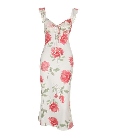 Blush Rose Ruffle Cami Midi Dress | Elegant Floral V-Neck for Fall Weddings & Resort Getaways