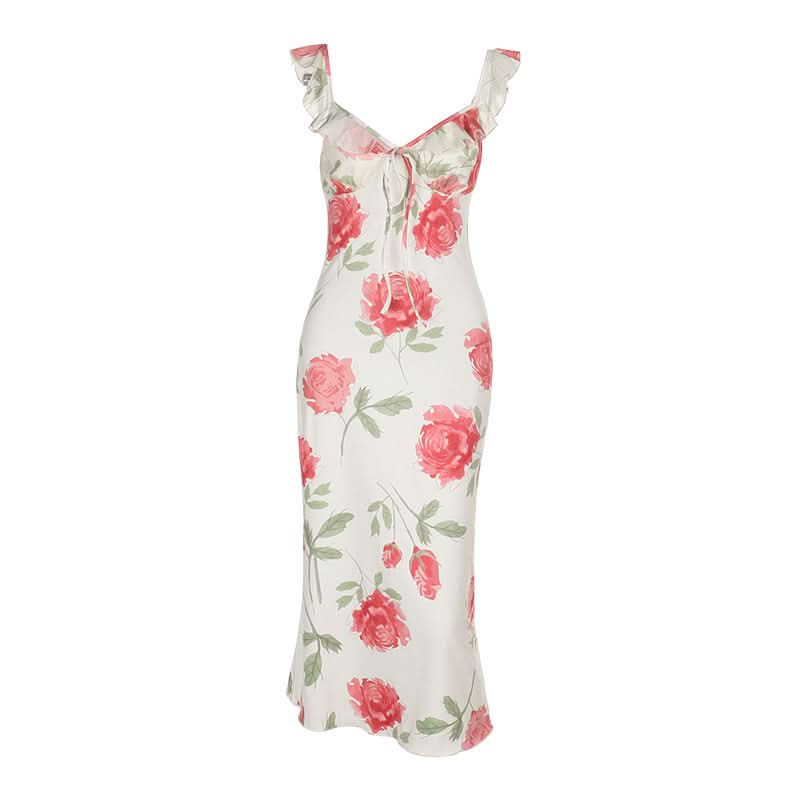 Blush Rose Ruffle Cami Midi Dress | Elegant Floral V-Neck for Fall Weddings & Resort Getaways