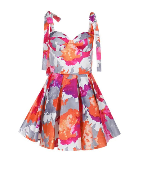 Vibrant Bloom Halter Mini Dress - Sweetheart Neckline, Pleated Skater Skirt - Perfect for Fall Getaways