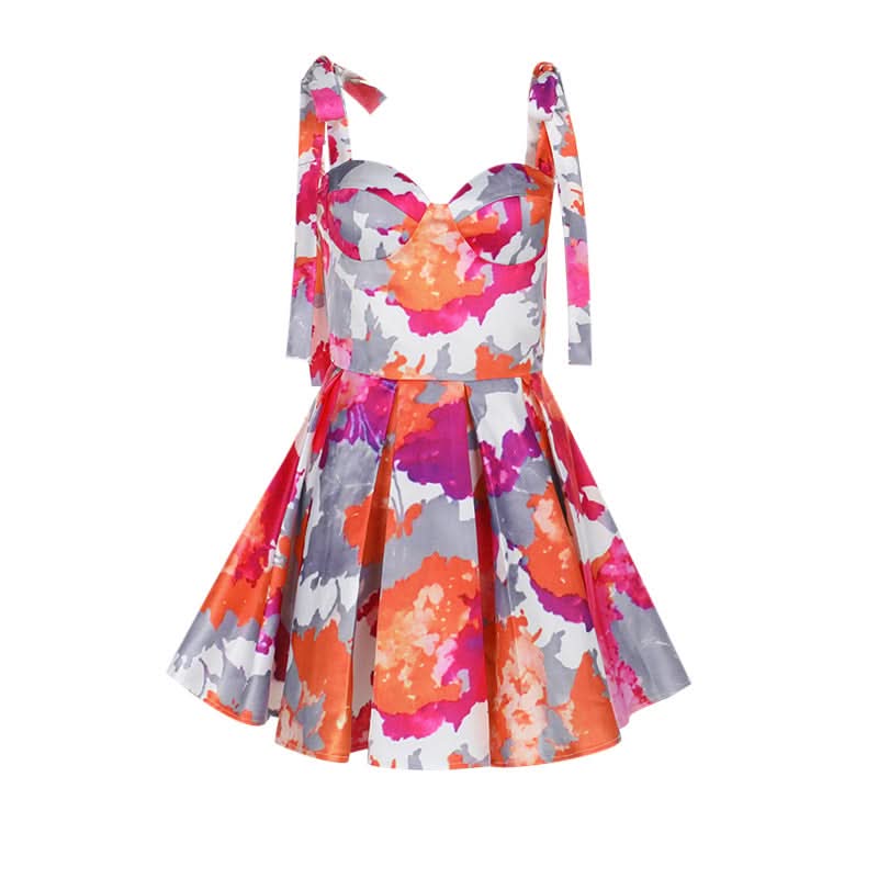 Vibrant Bloom Halter Mini Dress - Sweetheart Neckline, Pleated Skater Skirt - Perfect for Fall Getaways