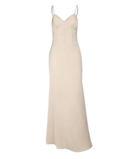 Timeless Champagne V-Neck Corset Bodice Maxi Dress - Fall Wedding & Holiday Gala Ready