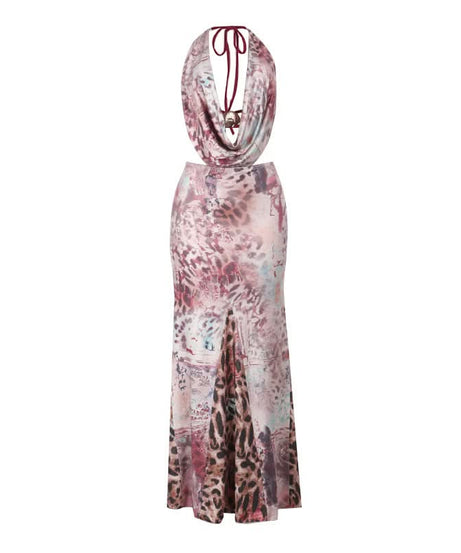 Autumn Allure: Abstract Animal Print Halter Maxi Dress with Draped Cowl Neck & Waist Cut-Outs