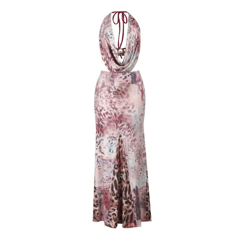 Autumn Allure: Abstract Animal Print Halter Maxi Dress with Draped Cowl Neck & Waist Cut-Outs