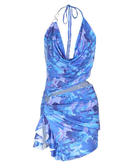 Azure Dream Halter Cowl Neck Cutout Mini Dress | O-Ring Detail & Abstract Print - Fall Party & Vacation Ready
