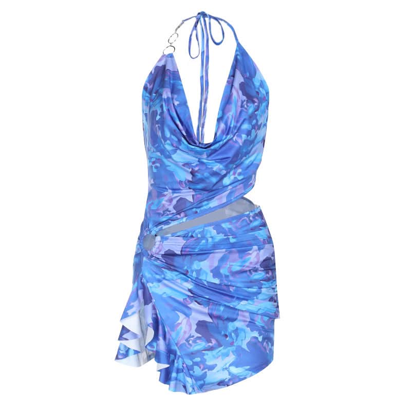 Azure Dream Halter Cowl Neck Cutout Mini Dress | O-Ring Detail & Abstract Print - Fall Party & Vacation Ready