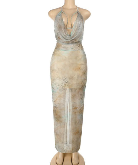 Artisan Serenity Halter Maxi Dress: Chic Cowl Neck & High Slit for Fall & Holiday Soirées