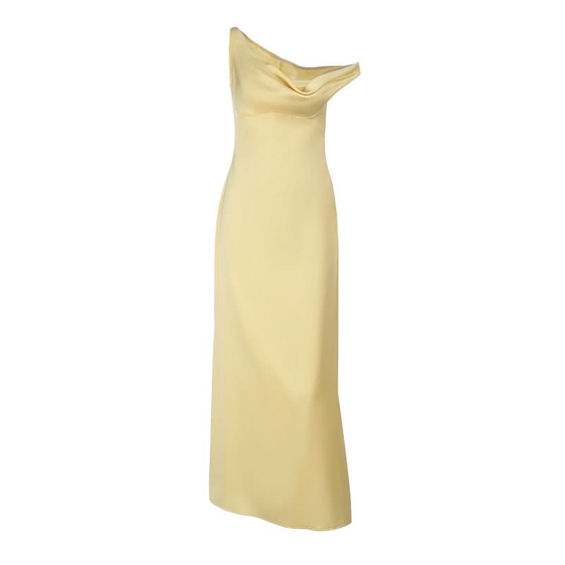 Champagne Dreams: One Shoulder Cowl Neck Satin Maxi Dress - Fall & Holiday Party Glam