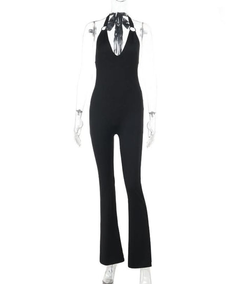 Sleek O-Ring Halter V-Neck Jumpsuit - Effortless Fall & Holiday Chic