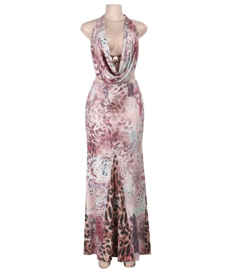 Autumn Allure: Abstract Animal Print Halter Maxi Dress with Draped Cowl Neck & Waist Cut-Outs