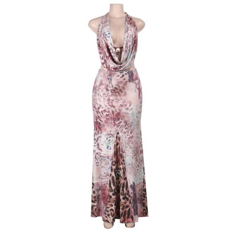 Autumn Allure: Abstract Animal Print Halter Maxi Dress with Draped Cowl Neck & Waist Cut-Outs